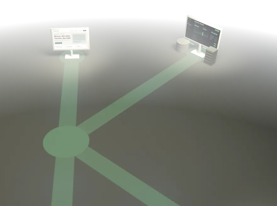 Die vier Wege als Raum: eine Website auf einem Monitor, eine Web-Anwendung mit Datenbank und Server dahinter, ein Büro mit einem freien Platz, ein Server-Rack an einer Wolke.