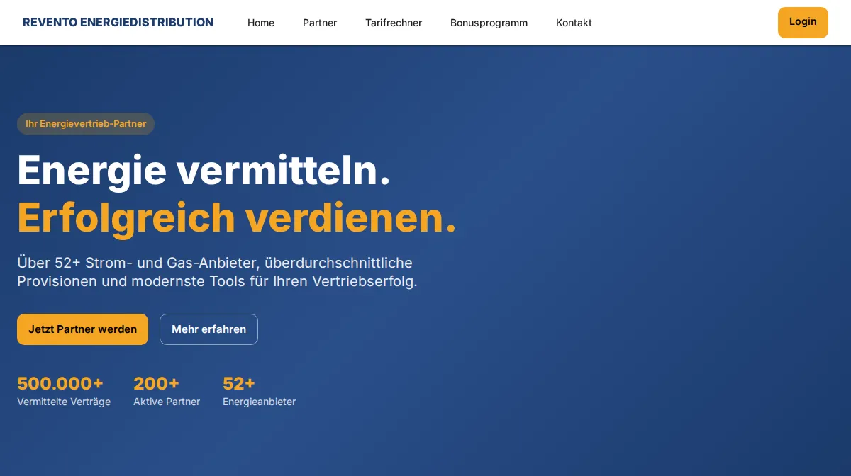 Startseite des Portals: eine Überschrift über das Vermitteln von Energieverträgen, zwei Schaltflächen und darunter drei Zahlen, 500.000+ vermittelte Verträge, 200+ aktive Partner und 52+ Energieanbieter.